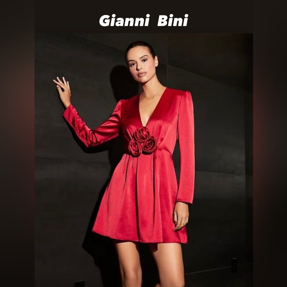 NWT Gianni Bini Bastian Satin V-Neck Rosette Long Sleeve A-Line Dress Size 2